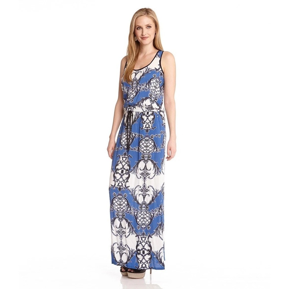 Karen Kane Dress Womens M Blue Portuguese Tile Sleeveless Maxi Drawstring Resort
